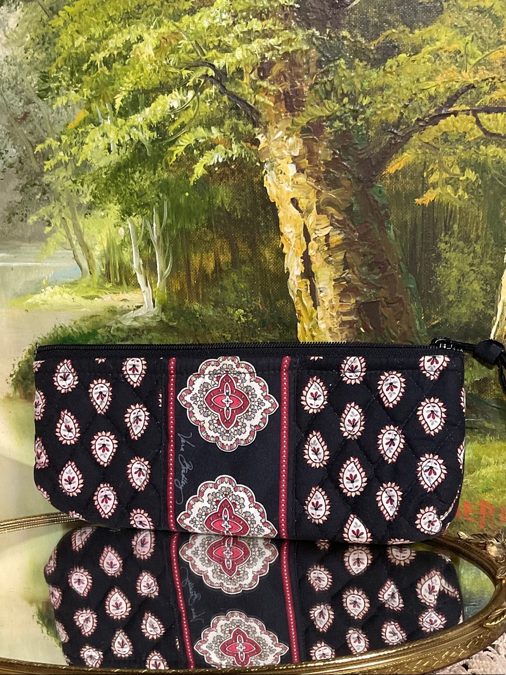Vera Bradley Black Quilted Wristlet with Red and Cream Medallions